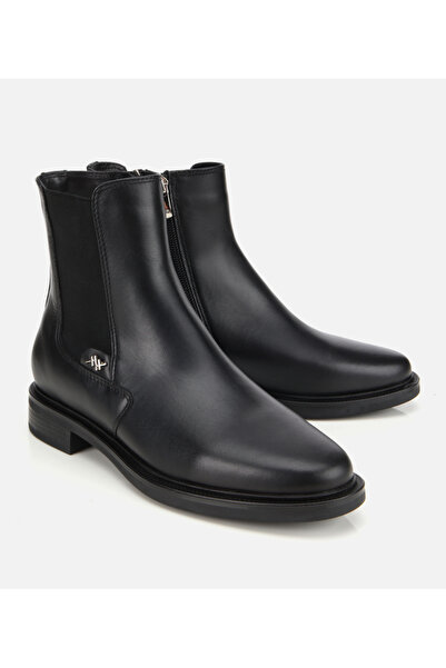 Hotiç Kadın Deri Siyah Lastik Detaylı Bilekte Düz Bot