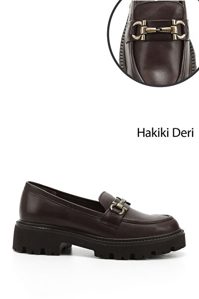 GÖNDERİ(R) حذاء لوفر من الجلد الطبيعي بإبزيم سميك عتيق للنساء/الفتيات باللون البني