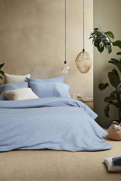 Barine Washed Linen Double Duvet Cover Set Blue
