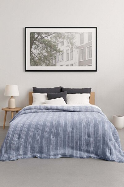 Barine Çizgili 4 katlı Gauze Yorgan, Yatak Örtüsü Mavi