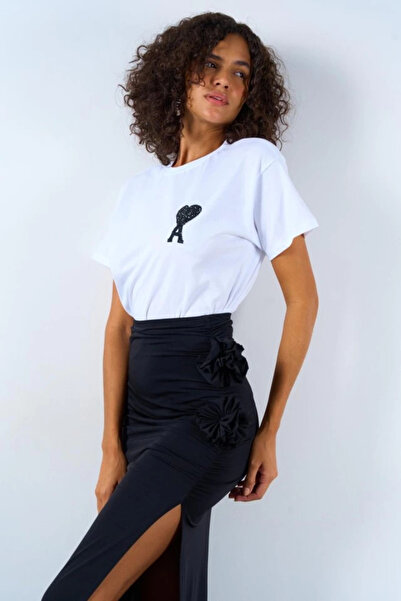 Omarı    Side Gathered Rose Skirt - Black