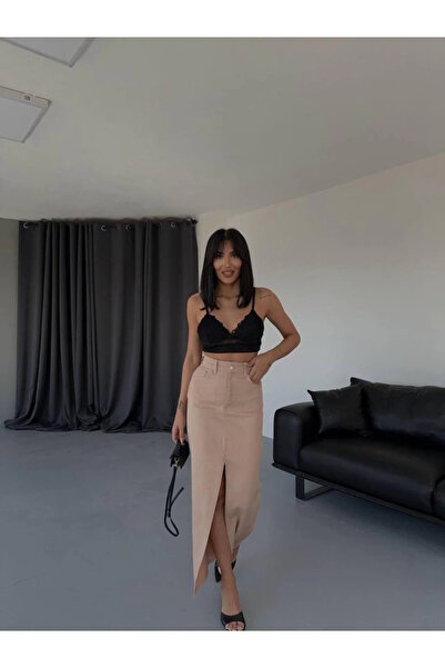 velmorafashion Γυναικεία μακριά φούστα από γαμπαρντίνα με σχισμή μπροστά σε καφέ χρώμα