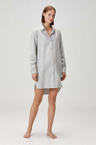 Barine Flanel Gömlek Elbise Gecelik Gri Melanj