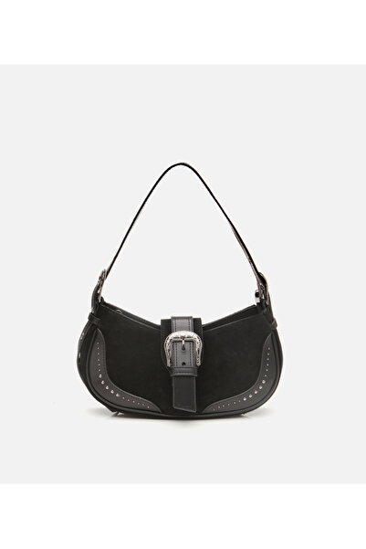 Hotiç Women's Suede Leather Black Buckle Detailed Shoulder Bag
