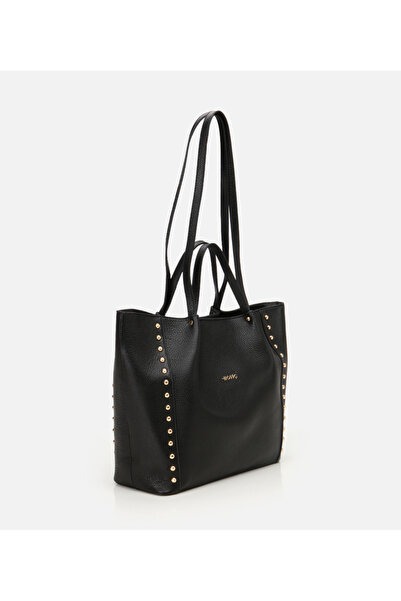 Hotiç Women's Leather Black Staple Detailed Tote Bag