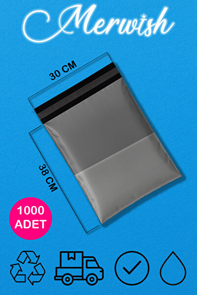 Merwish 30x38 5 Ölçülerinde Baskısız Gri Renk Cepli 2 Numara 0,5 Mikron Kargo Poşeti 1000 Adet