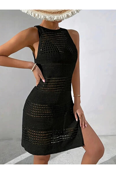 MODA Black Strap O-Neck Deep Back Low-Cut Openwork Women's Pareo