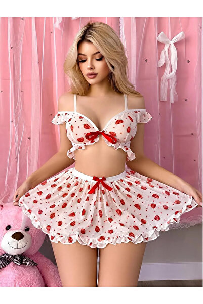 dedo γυναικείο κοστούμι φανταχτερής φούστας από τούλι με στάμπα λευκής φράουλας