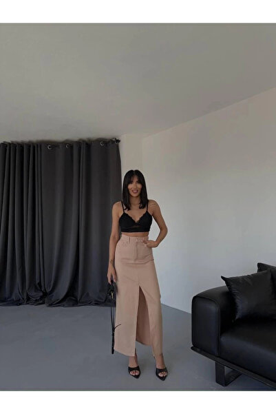 velmorafashion Γυναικεία μακριά φούστα από γαμπαρντίνα με σχισμή μπροστά σε καφέ χρώμα