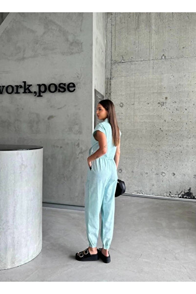 Serero Shirt Collar Striped Water Green Sleeveless Linen Women's Crop Pants Set