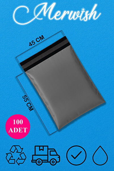 Merwish 45x55+5 Ölçülerinde Baskısız Gri Renk Cepsiz 4 Numara  0,5 Mikron Kargo Poşeti 100 Adet