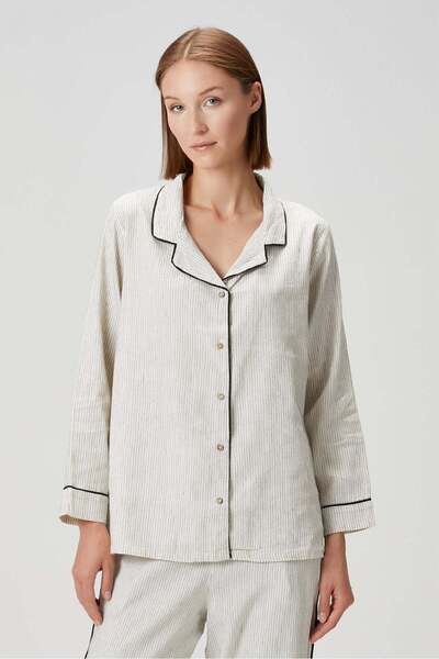 Barine Πιτζάμες Lino Linen Πουκάμισο Υπόλευκο / Μαύρο ριγέ