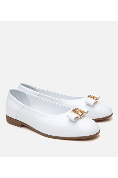 Hotiç Women's Leather White Buckle Ballerinas