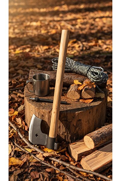 SKNIV Dövme Demir Çelik Kamp Baltası Nacak-gürgen Ağaç Saplı, Ay Yıldız Motifli