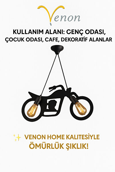 VENON Siyah Motor Bisiklet Tasarımlı Genç-Çocuk Odası Avizesi – Modern Metal Sarkıt Lamba