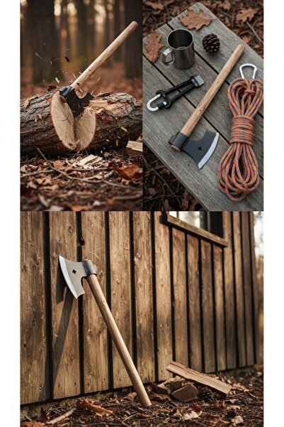 SKNIV Dövme Demir Çelik Kamp Baltası Nacak-gürgen Ağaç Saplı, Ay Yıldız Motifli