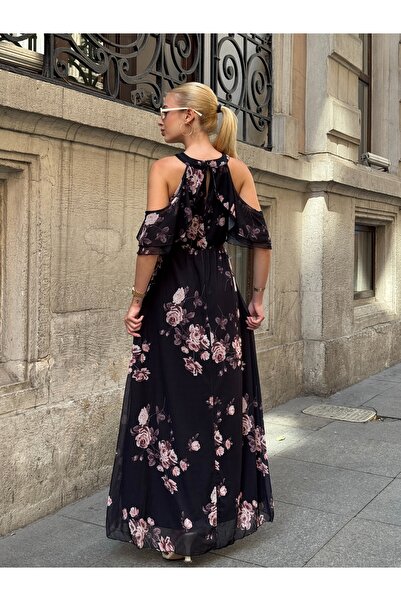 MAMAYAGA Women's Tulle Detailed Off-the-Shoulder Stylish Comfortable Fit Plus Size Evening Dress