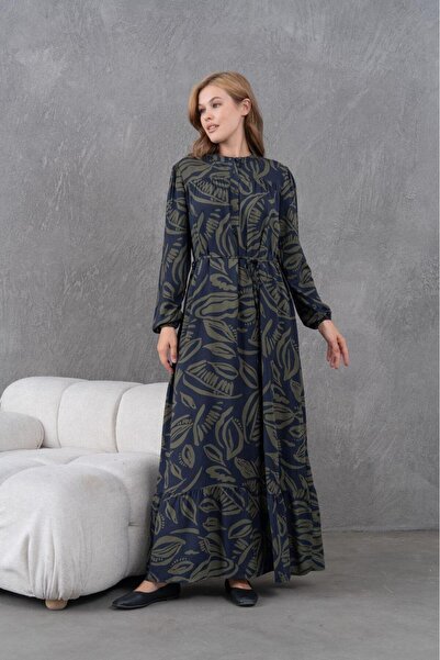 MAMAYAGA فستان نسائي منقوش بأكمام طويلة وخصر برباط وطول ماكسي مريح مقاس كبير من القطن الأنيق مناسب للحجاب