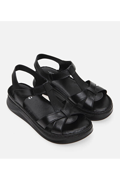 Hotiç Women's Leather Black Flat Sandals