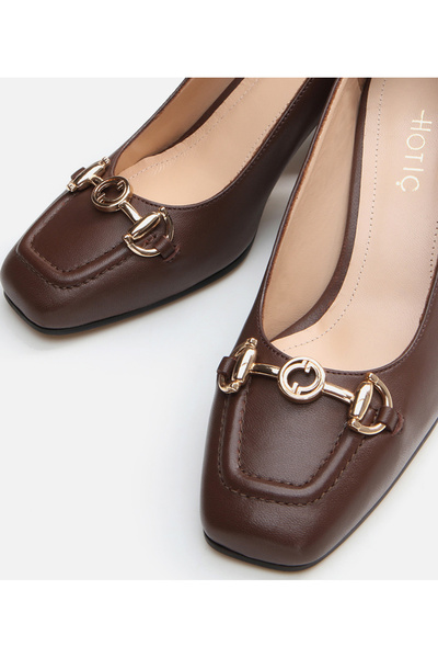 Hotiç Καφέ Χρώμα Γνήσιο Δέρμα - Γυναικεία Παπούτσια Χονδρό Τακούνι