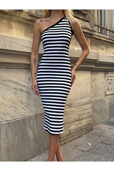 MAMAYAGA Γυναικείο ριγέ μοτίβο Midi μήκους καλοκαιρινό βαμβακερό κομψό casual φόρεμα με έναν ώμο