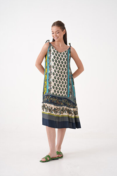 MAMAYAGA Women's Sleeveless Patterned Skirt Pleated Plus Size Curve Summer Suspender Dress