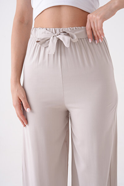 MAMAYAGA Women's High Waist Belted 100% Viscose Cotton Wide Leg Stylish Casual Plus Size Curve Pants