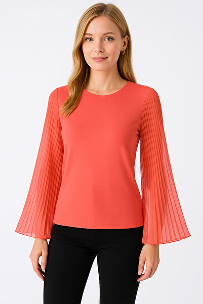 MAMAYAGA Kadın Nar Çiçeği Turuncu Kolları Tül Detaylı Büyük Beden Şık Bluz