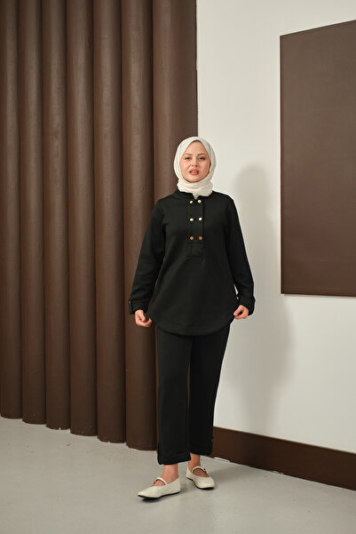 LOCCO Black Women's Double Suit - Button Detailed Oval Cutting