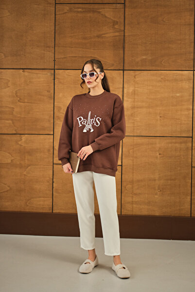 LOCCO Жіночий оверсайз-светр з каменем і вишивкою, коричневий