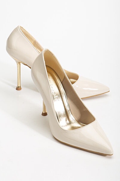 RİSSOLİ Γυναικείο μπεζ λουστρίνι με τακούνι σε χρυσό λεπτομερές στιλέτο