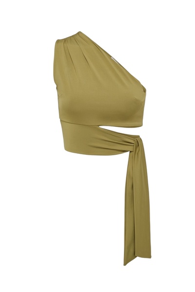 MAMAYAGA Жіноча талія краватка деталь з одним рукавом з плеча спортивний стильний комфортний облягаючий блузка кроптоп