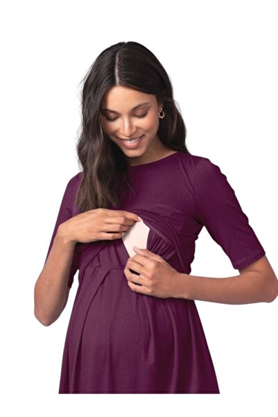 MAMAYAGA Kadın Kısa Kol Emzirme Detaylı Tesettüre Uygun Viskon Rahat Şık Midi Hamile Elbisesi