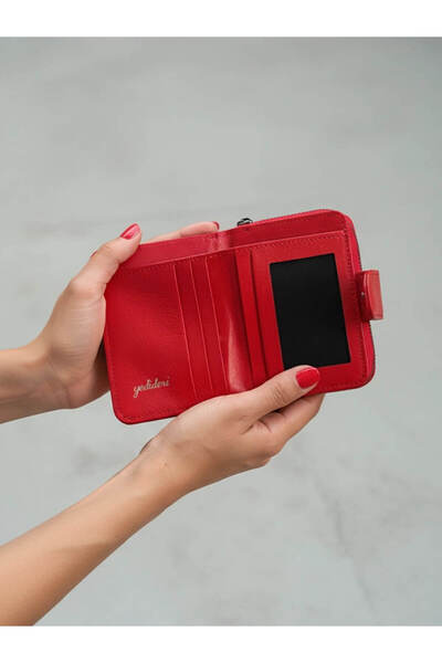 yedideri Červená dámská peněženka na zip z pravé kůže – malá velikost