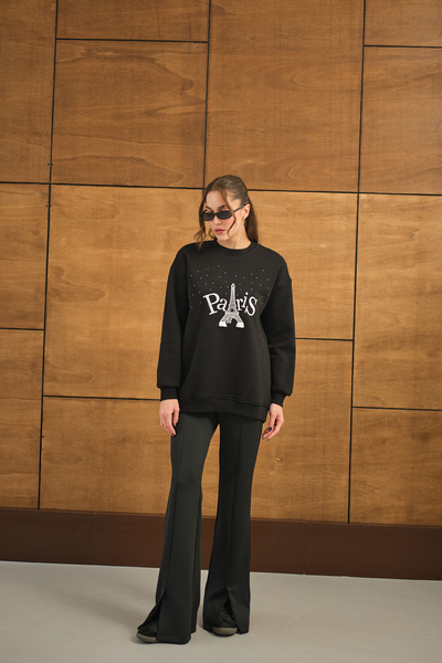 LOCCO Transpirație oversize pentru femei cu broderie neagră și pietre