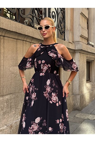 MAMAYAGA Women's Tulle Detailed Off-the-Shoulder Stylish Comfortable Fit Plus Size Evening Dress