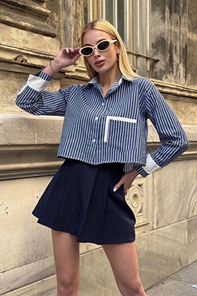 MAMAYAGA Women's Special Design Line Garni Crop Length Long Sleeve Double Cuff Blouse Short Shirt