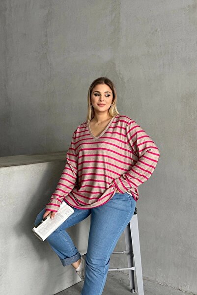 MAMAYAGA Γυναικεία μπλούζα με λαιμόκοψη σε σχήμα V, μεγάλο μέγεθος, φαρδύ τουνίκ, με ριγέ μακρυμάνικο καμπύλο μαλακό μπλουζάκι