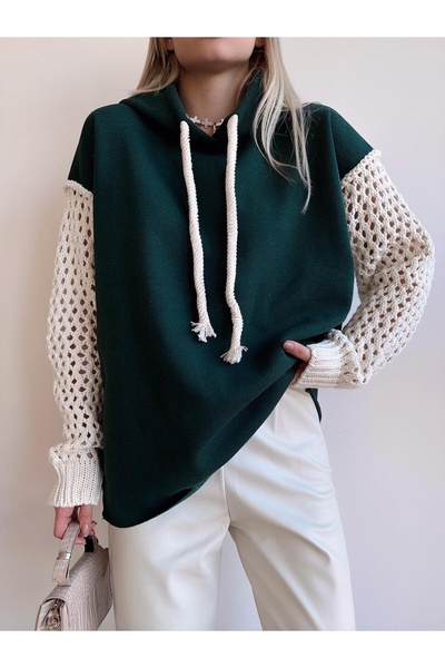 MAMAYAGA Γυναικεία Πλεκτά Μανίκια Oversize Curve Σχέδιο Σμαραγδένιο Πράσινο Φούτερ