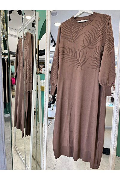 MERAM BUTİK Adn Thin Knitting Palm Dress - Brown - 2