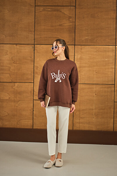 LOCCO Жіночий оверсайз-светр з каменем і вишивкою, коричневий