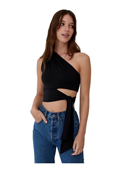 MAMAYAGA Жіноча талія краватка деталь з одним рукавом з плеча спортивний стильний комфортний облягаючий блузка кроптоп