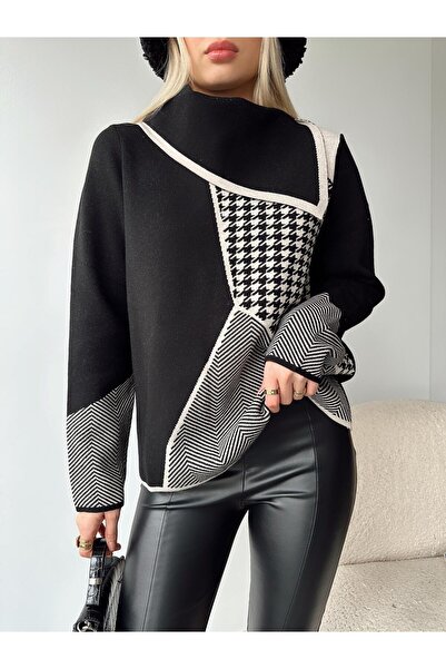 MAMAYAGA Shawl Collar Striped Black Knitwear Sweater - Comfortable Fit, Asymmetrical Degaje
