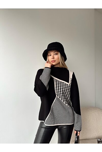 MAMAYAGA Shawl Collar Striped Black Knitwear Sweater - Comfortable Fit, Asymmetrical Degaje