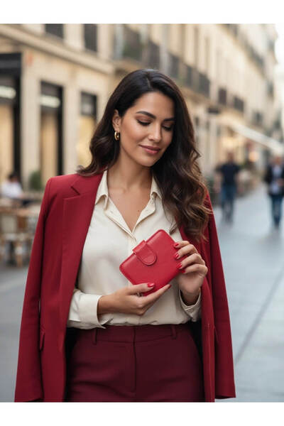 yedideri Červená dámská peněženka na zip z pravé kůže – malá velikost