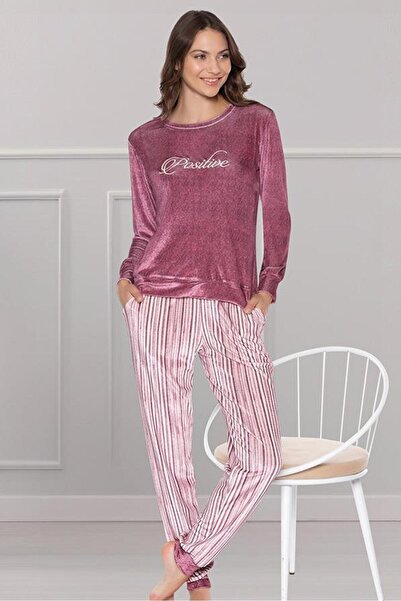 DOWRY Velvet Long Sleeve Patterned Soft Winter Stylish Elegant Pajama Set wit...