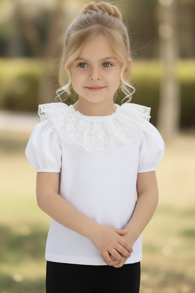 Parla Kids Βραδινό πουκάμισο μπλούζα για κορίτσια εκρού με λαιμόκοψη με κοντό μανίκι 23 Απριλίου