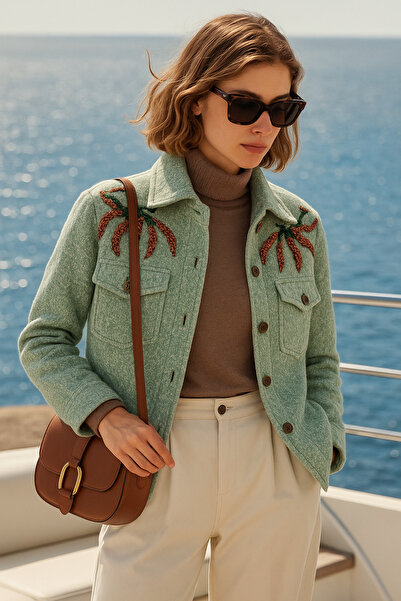 GZ Design Kahverengi-yeşil Işlemeli Mint Yeşili Yünlü Kaşe Ceket