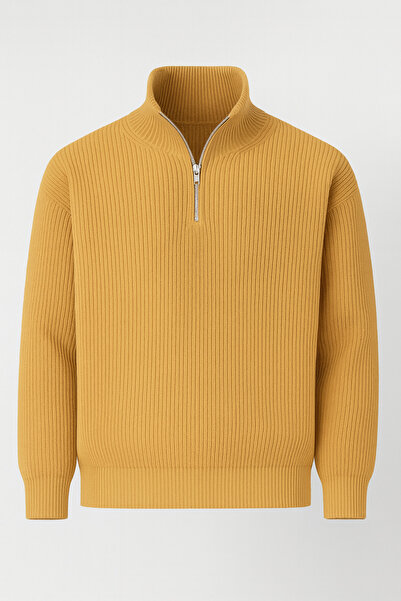 Valiberta Nolan Oversize Thessaloniki Knit Half-Zip Men's Sweater - Mustard