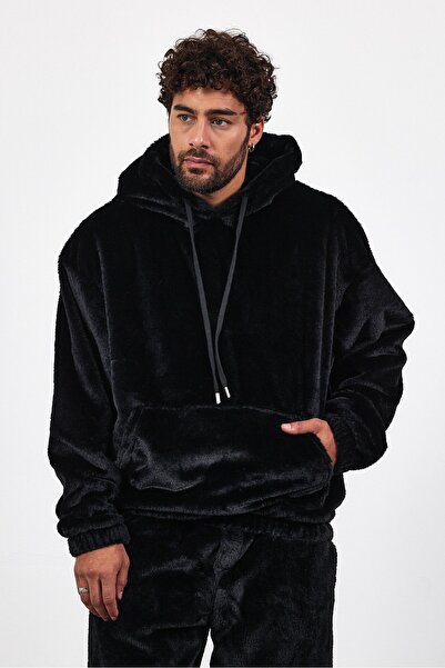 MADZEYMODA Ανδρικό κοστούμι με κουκούλα Premium, μαύρο κάτω μέρος, βελούδινο καγκουρό LS-8622